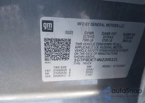 2022 GMC Sierra 1500 Limited 2Wd Short Box Slt z USA, uszkodzony, nr VIN 1GTP8DET4NZ206121